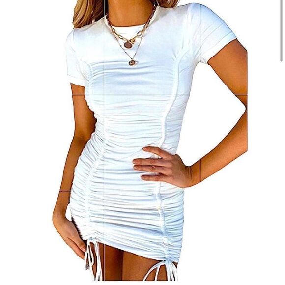 O Vianca White crewneck ribbed T-shirt dress with double ruching, front & back - Picture 10 of 14